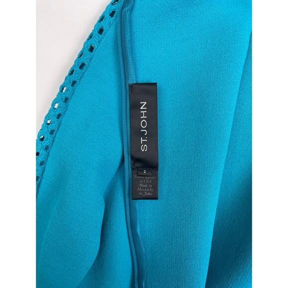 St. John Size 2 Sapphire Knit Bodycon Midi Dress Statement Sleeves NWOT - Picture 9 of 10